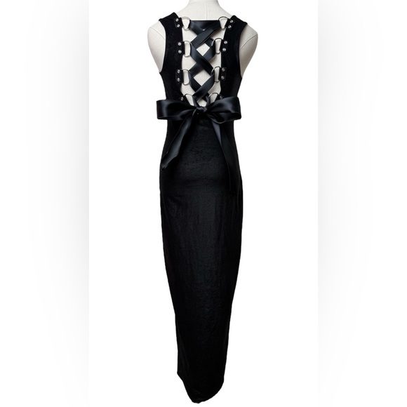 Vintage 90's Contempo Casuals D Ring Corset Back Black Slit Maxi Dress Medium - Picture 2 of 12